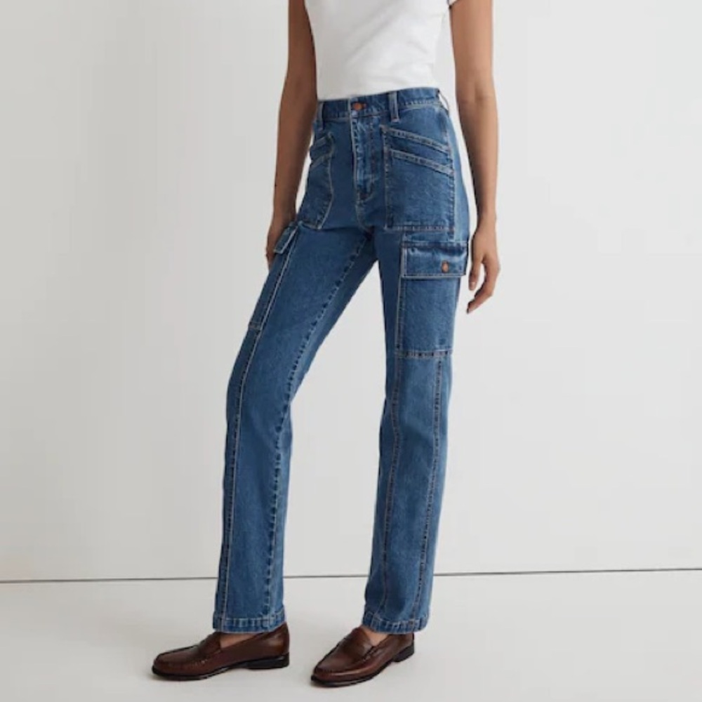Madewell 90s Straight Leg Utility Cargo Jeans in Densmore Wash size 27 zip fly